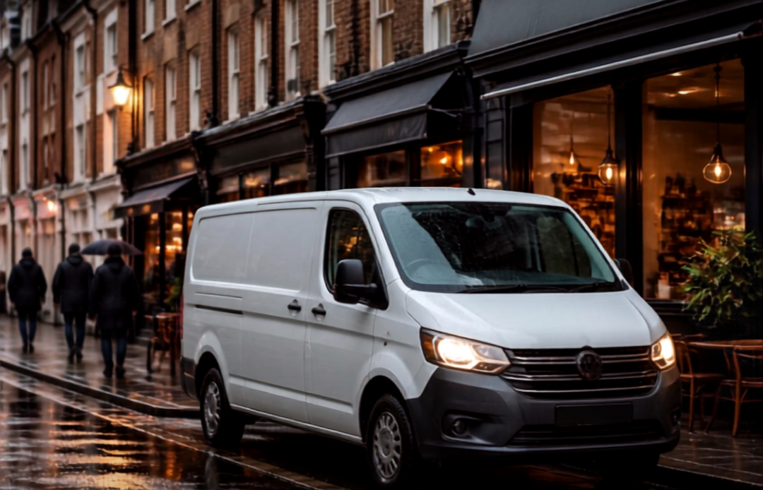 A mobile worker van parked on a city street while searching for facilities.
