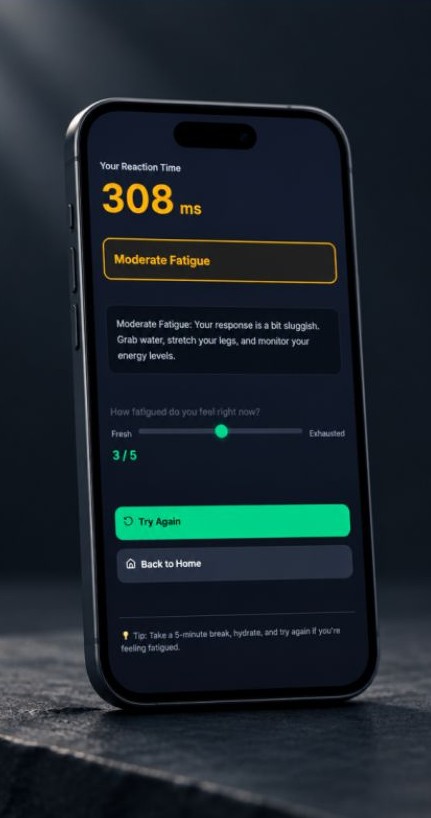 DriverWell Brain Brake fatigue test interface showing brain readiness levels.